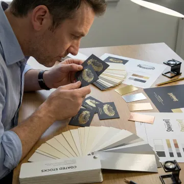 Designer reviewing embossed card samples