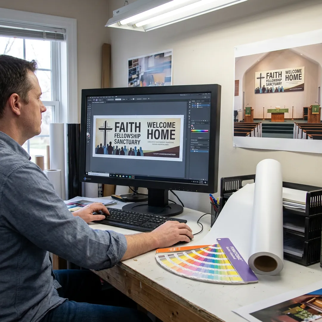 Designer reviewing church banner artwork