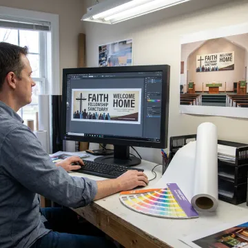 Designer reviewing church banner artwork