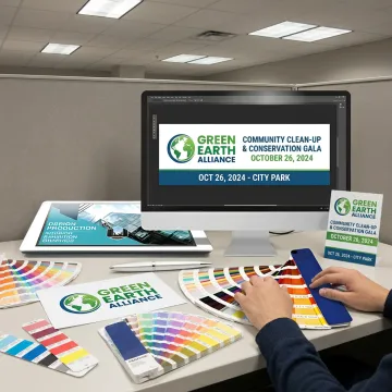 Designer reviewing nonprofit banner proof