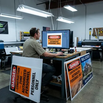Designer reviewing custom construction sign proof
