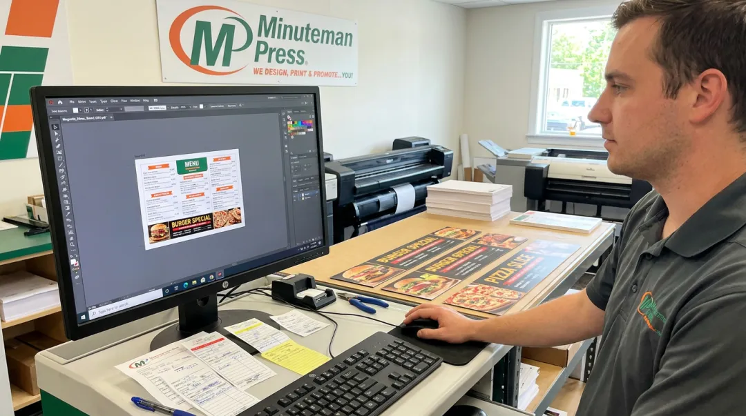 Print shop designer reviewing saved magnetic menu board layout file