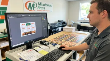 Print shop designer reviewing saved magnetic menu board layout file