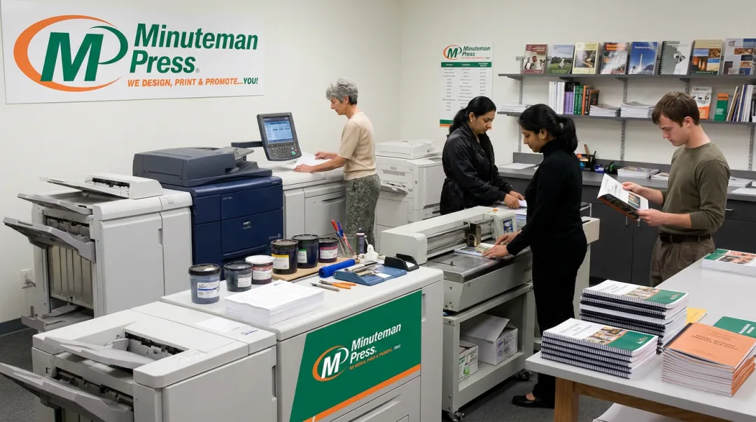 Minuteman Press production team handling booklet printing and binding in-house