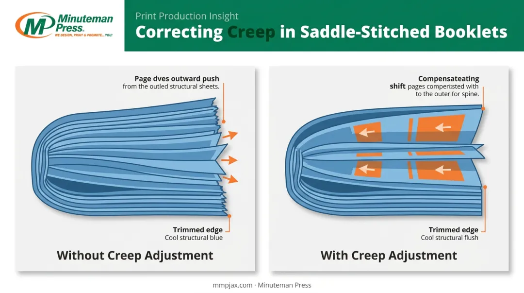 Creep effect on saddle-stitched booklet pages before and after adjustment