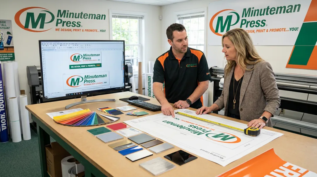 Sign shop team reviewing custom traffic sign specifications with client