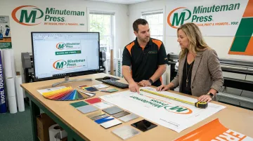 Sign shop team reviewing custom traffic sign specifications with client