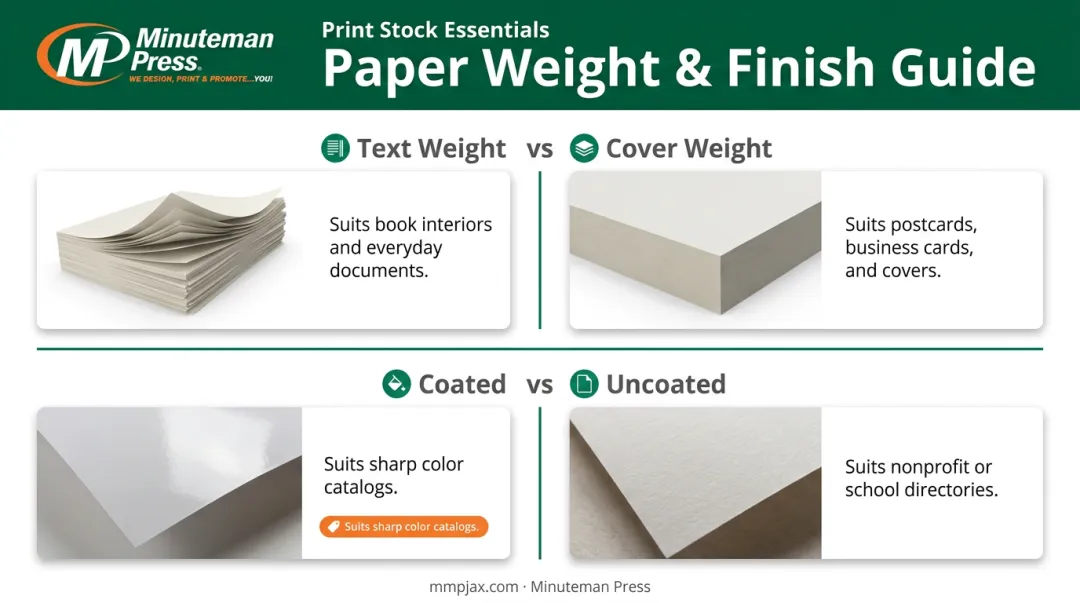 Paper stock comparison chart for booklet covers and interior pages