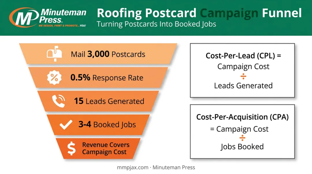 Roofing postcard campaign ROI funnel from mailing to booked jobs