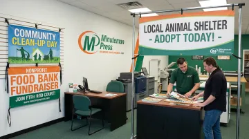 Custom nonprofit banners displayed at Minuteman Press Jacksonville print shop