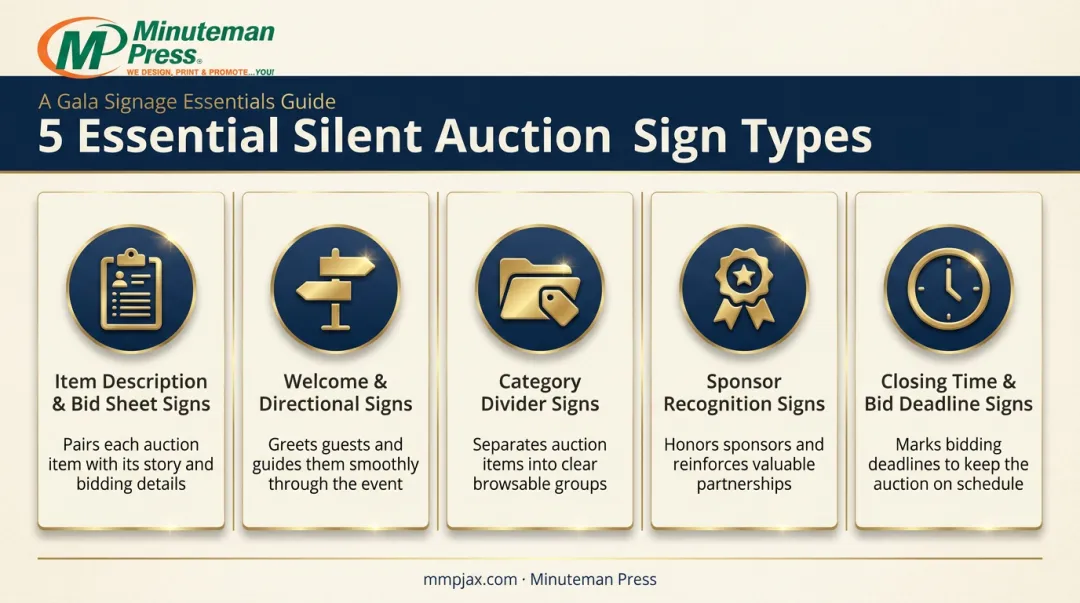 Five essential silent auction sign types for fundraising events infographic