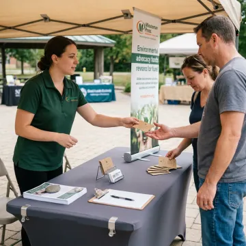Non-profit volunteer sharing plantable seed paper business card with community member
