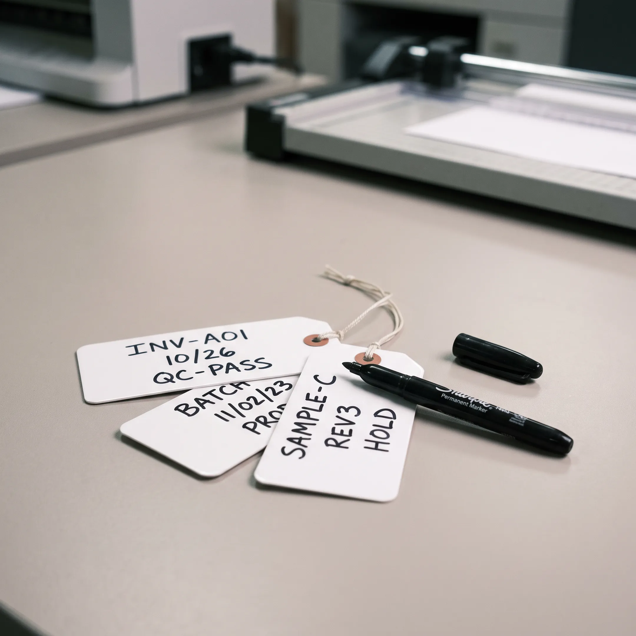 Write-on labeling with plastic tags