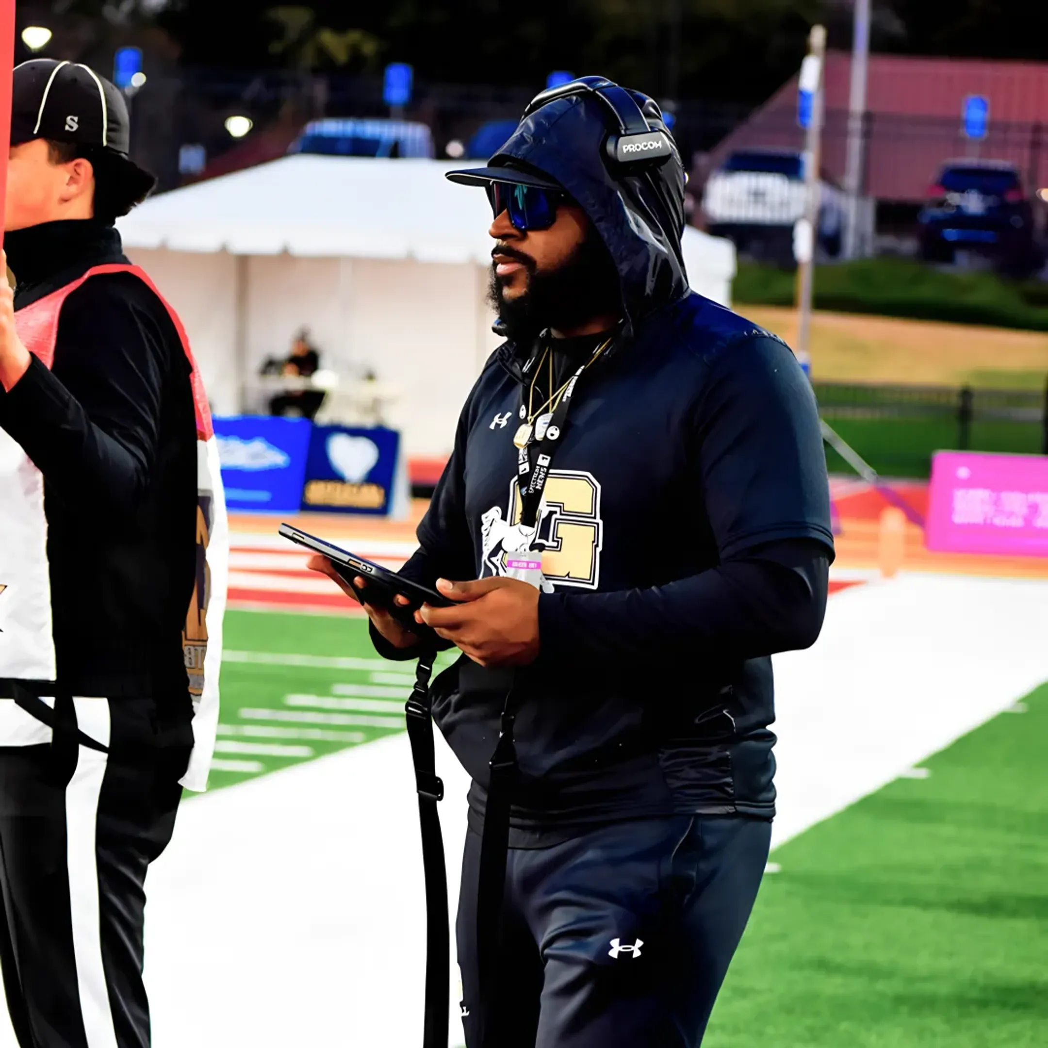 Coach reviewing football play-by-play analytics on a tablet