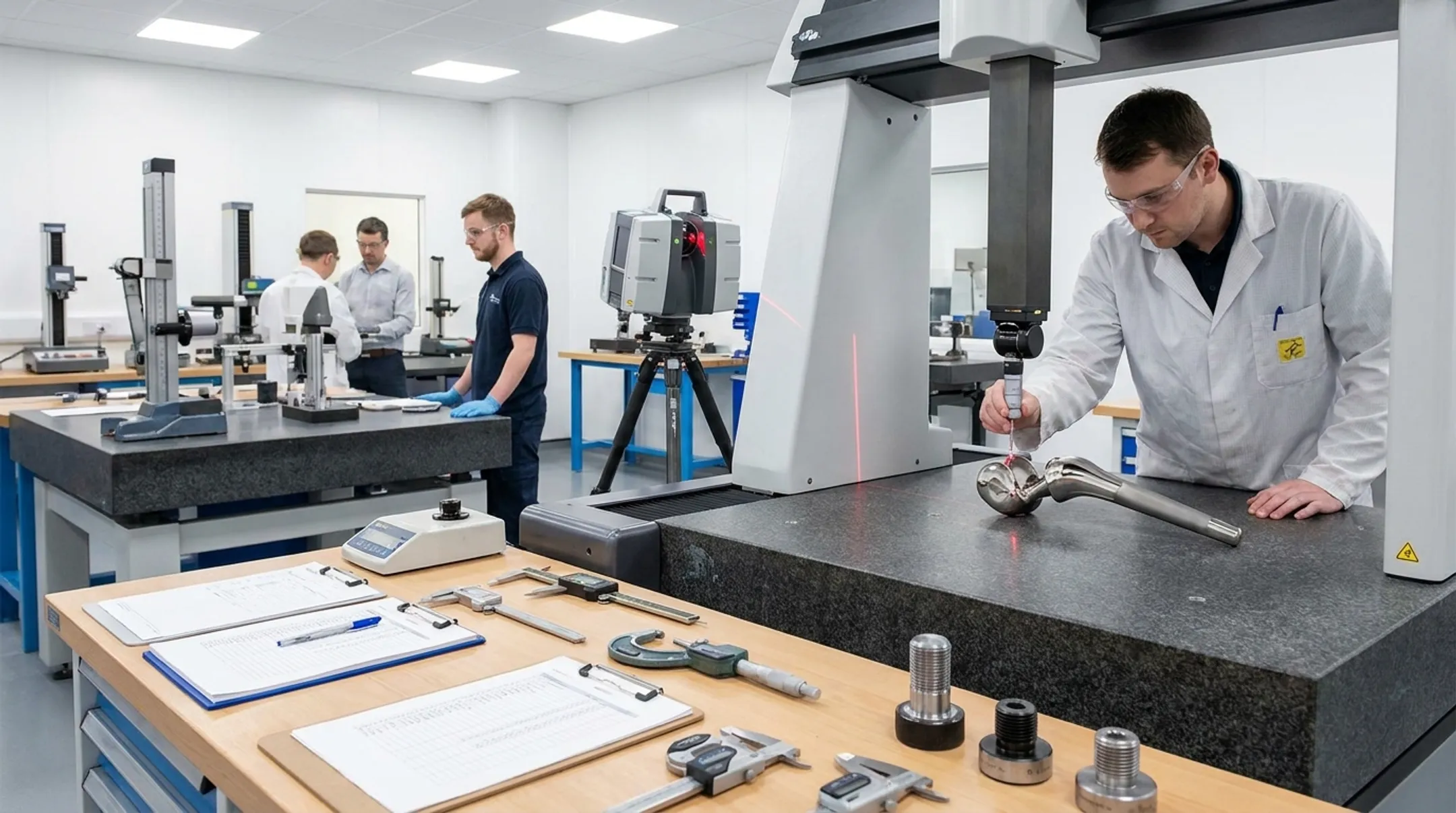 Medical device machining inspection setup with CMM and laser measurement equipment