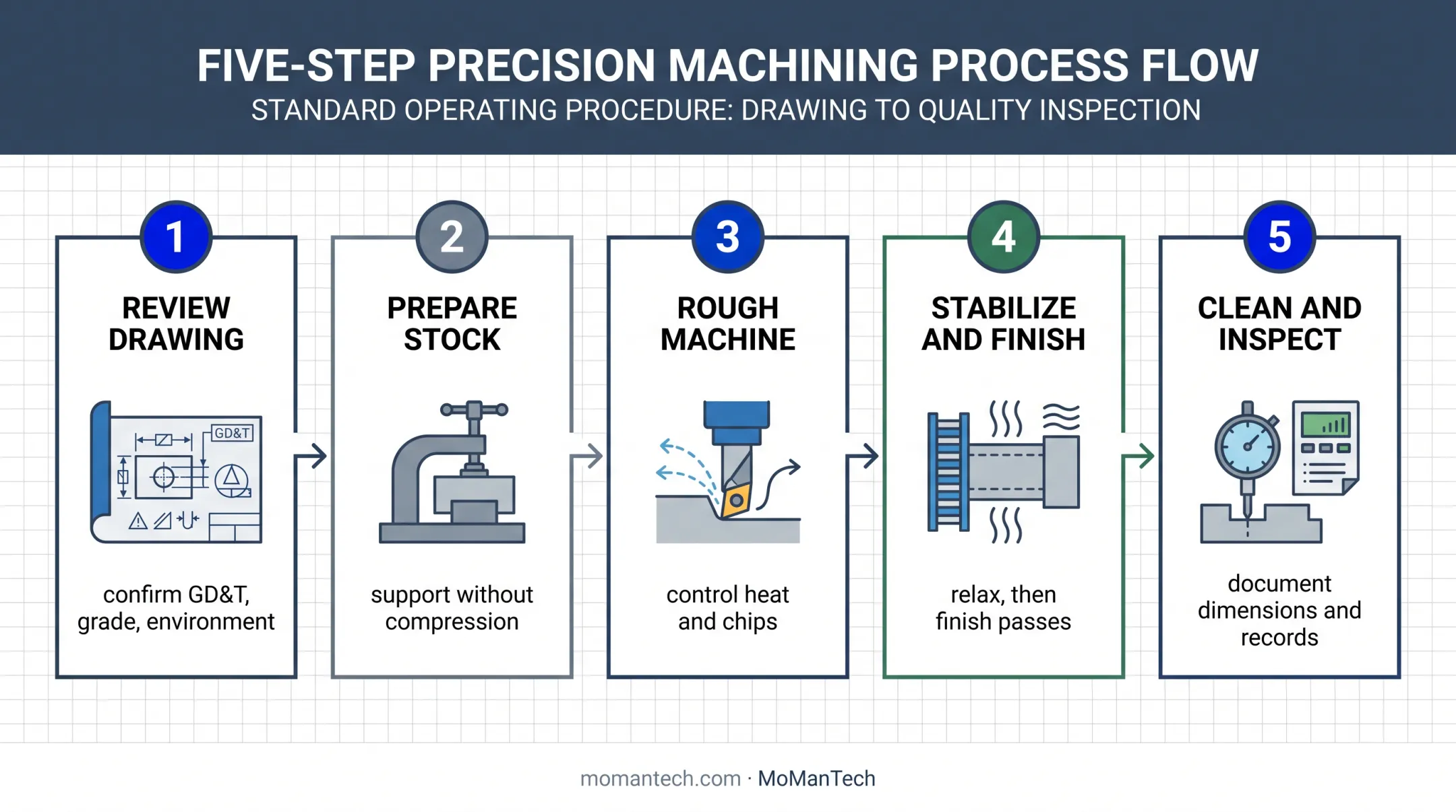 Five-step UHMWPE machining process from drawing review to inspection