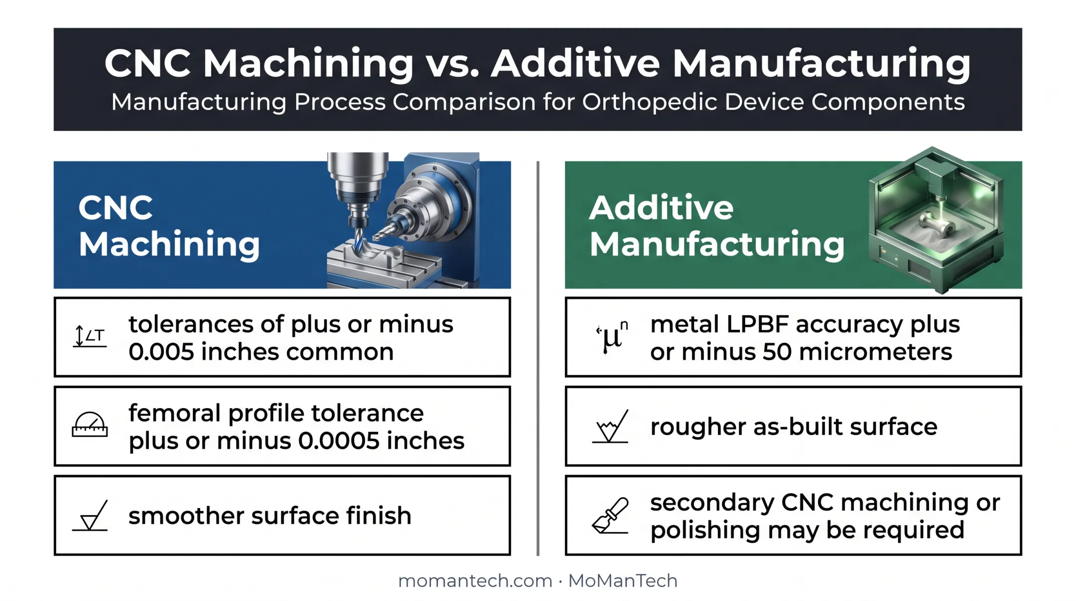 CNC machining and additive manufacturing precision comparison infographic