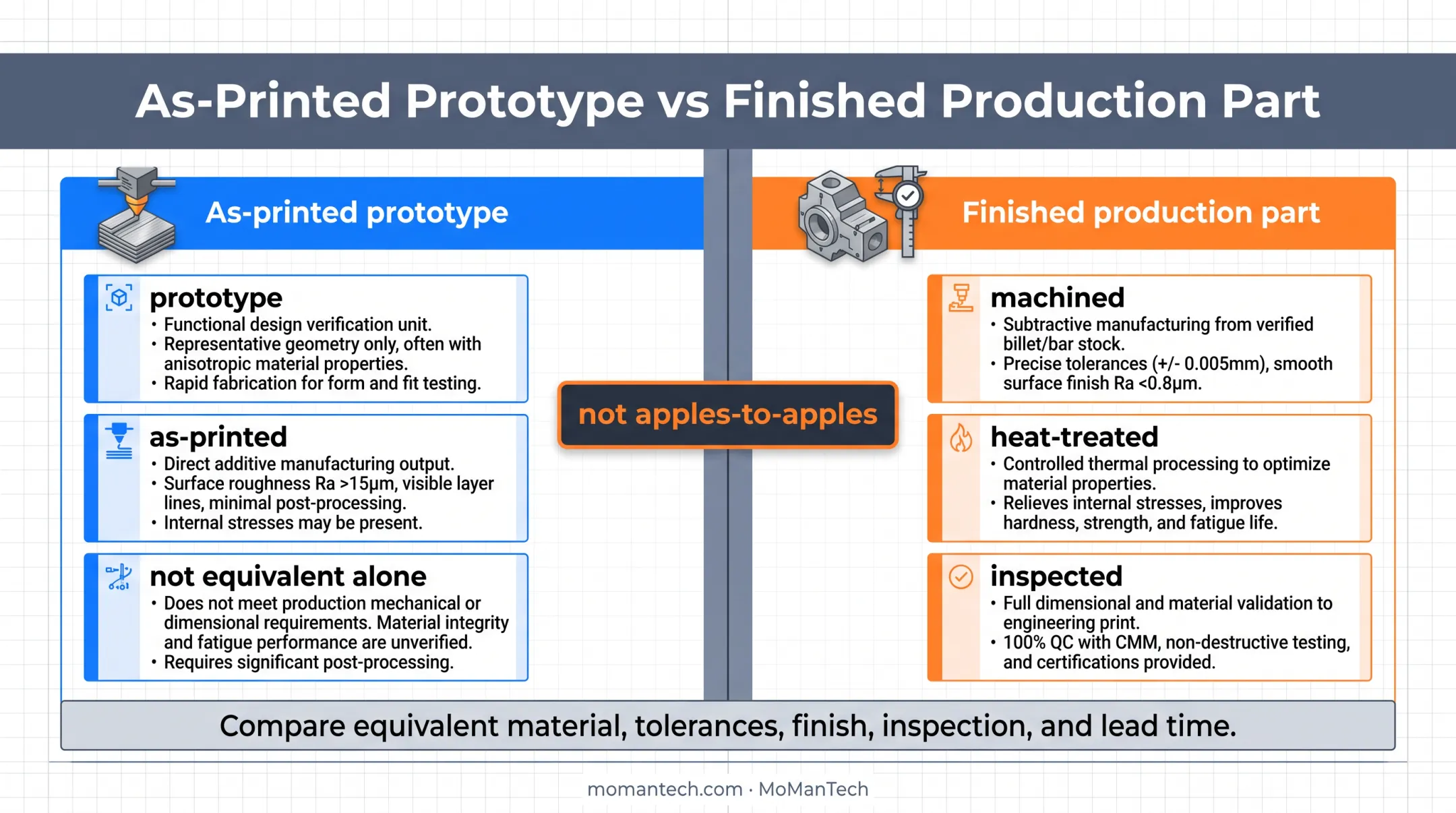 As-printed prototype versus finished production part quote comparison