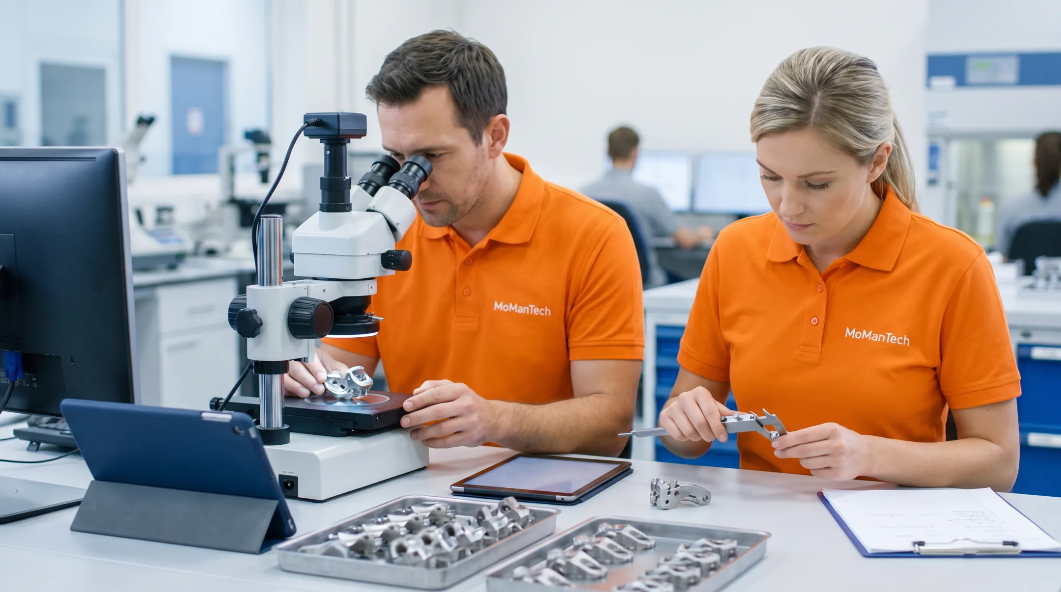 Orthopedic manufacturing team evaluating prototype and first article components