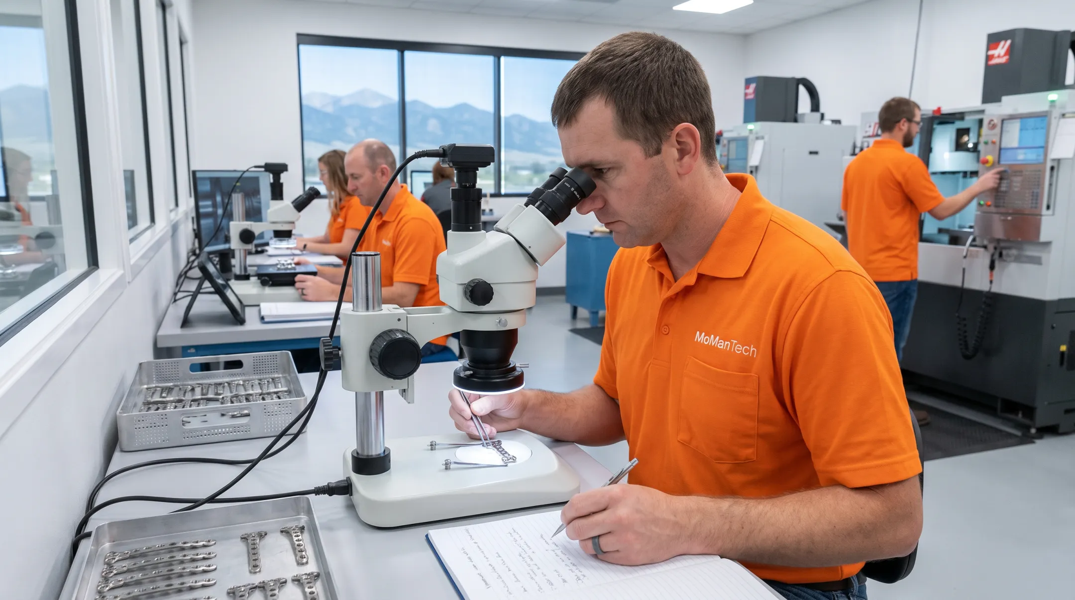 Orthopedic CNC manufacturing team inspecting machined medical components