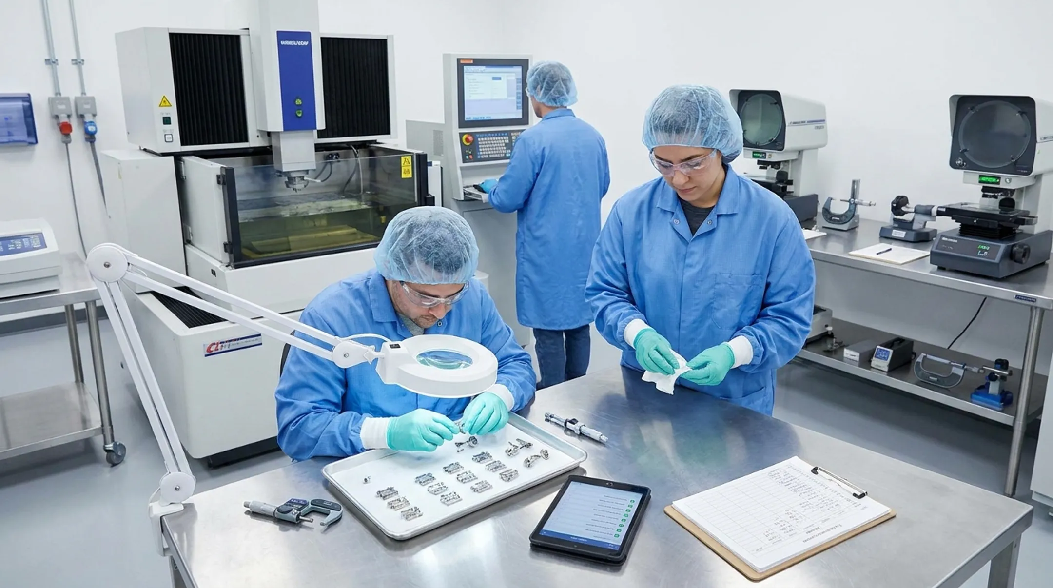 Orthopedic precision machining team inspecting wire EDM components
