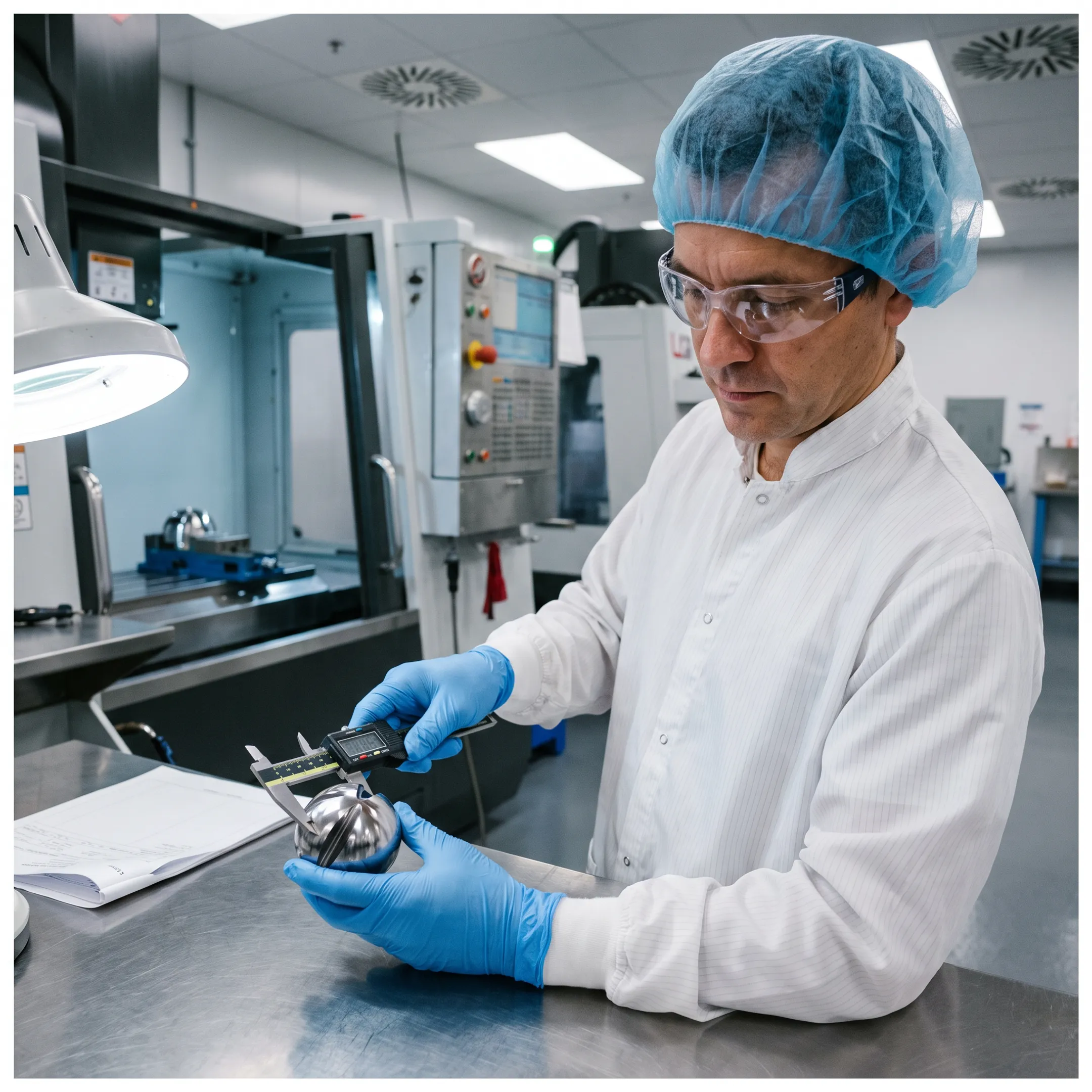 Machinist inspecting a precision acetabular reamer for hip replacement instrumentation