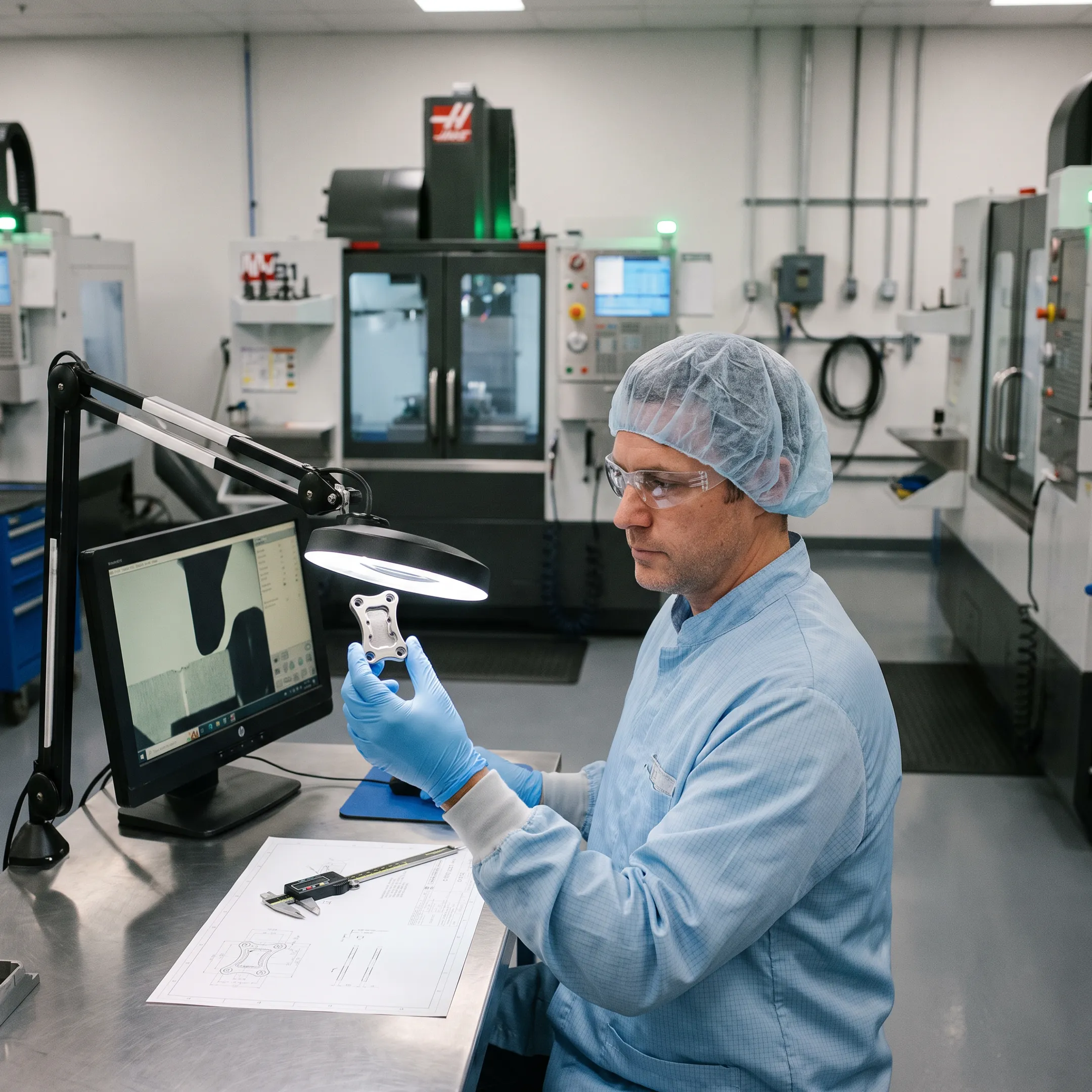 Engineer reviewing a precision MTP fusion plate near CNC machining equipment