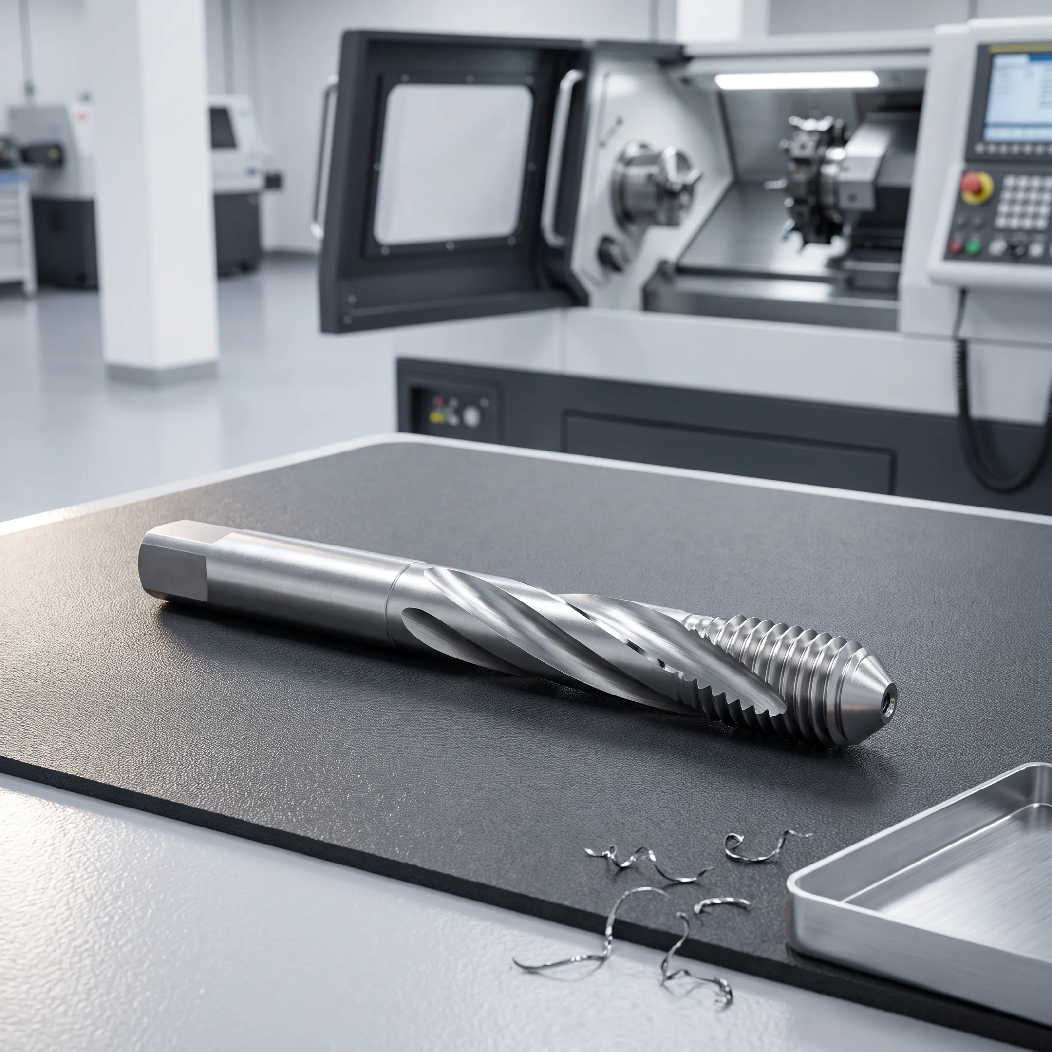 Precision machined bone tap for an orthopedic implant beside CNC manufacturing equipment