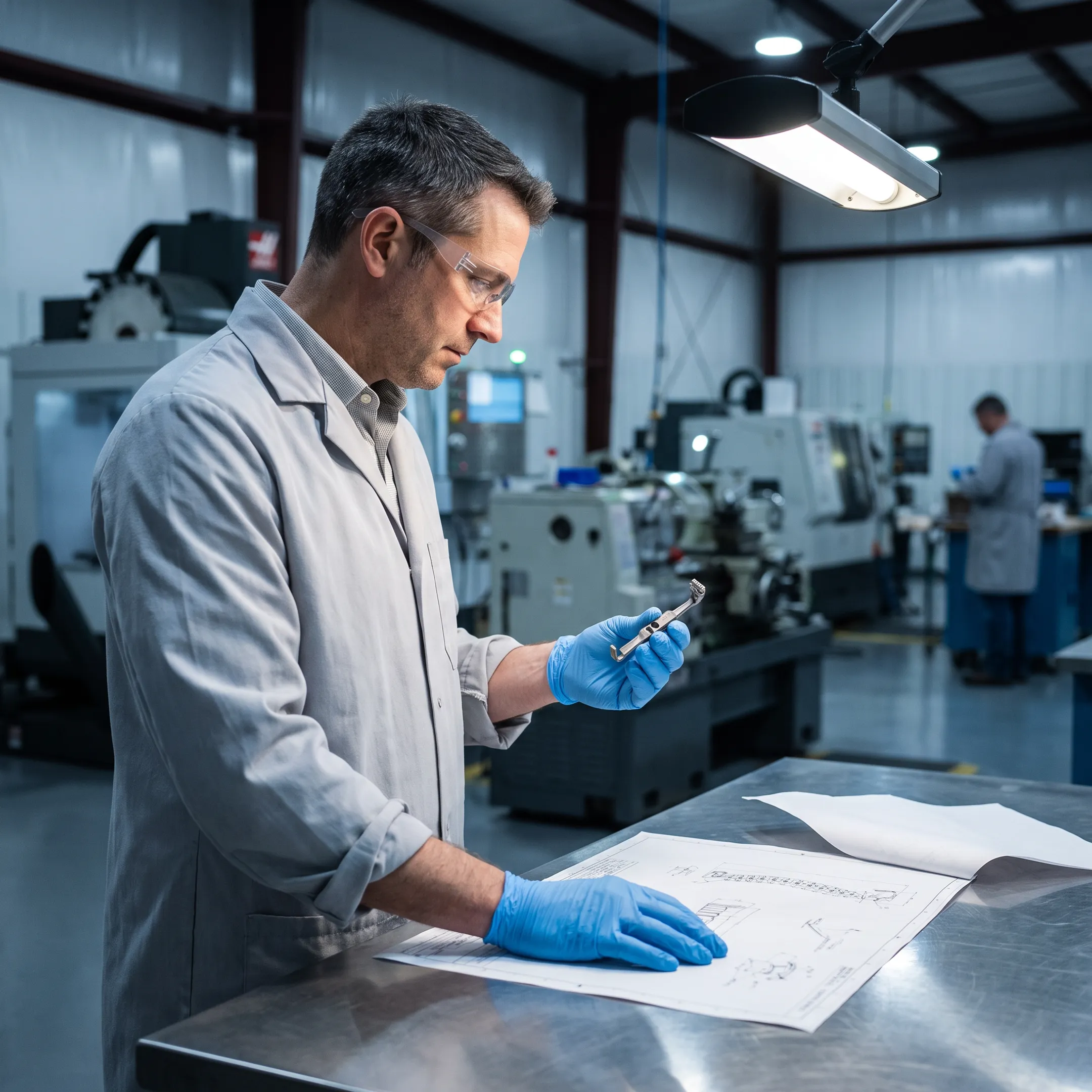 Engineer reviewing a spine retractor design near precision machining equipment