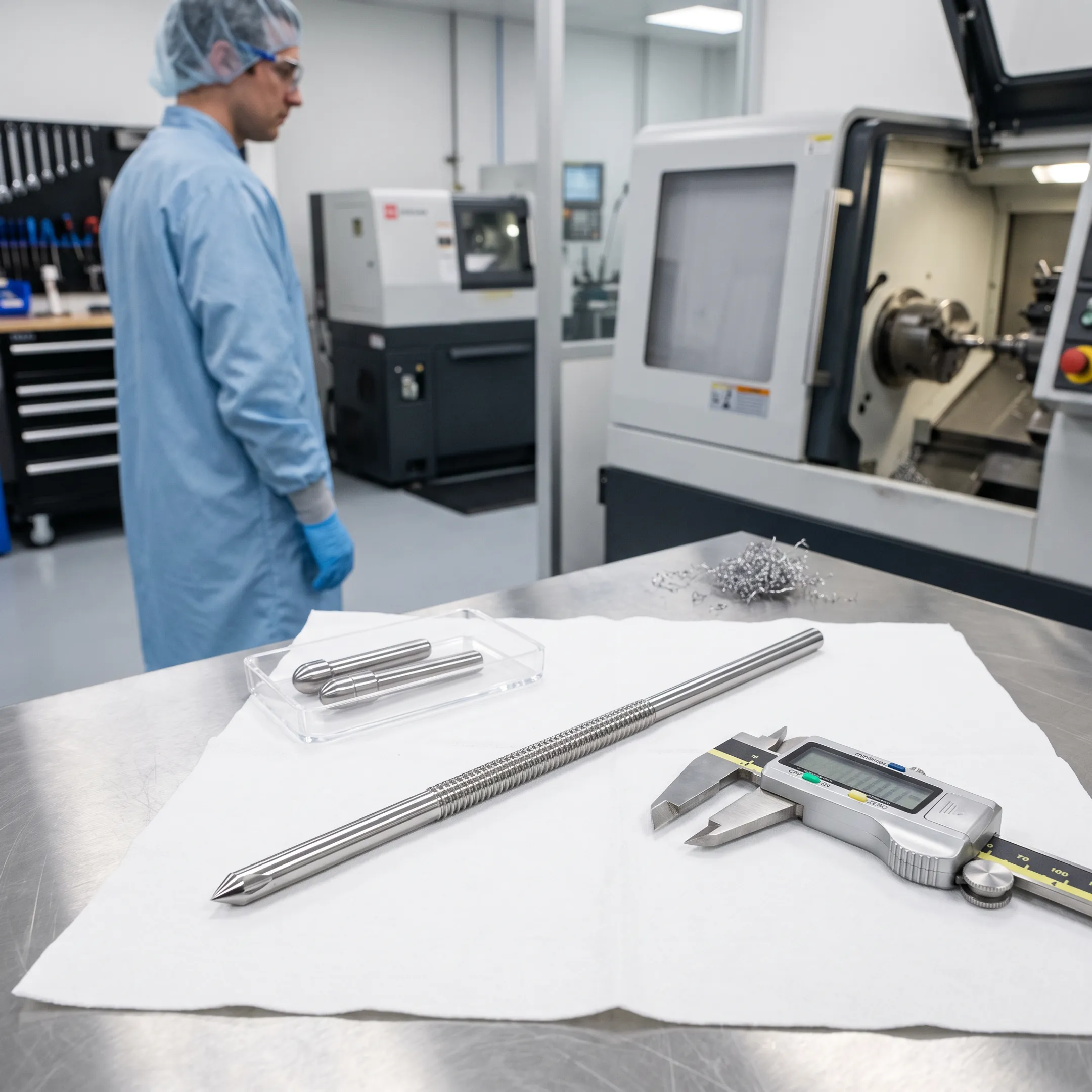 Precision-machined threaded single trocar K-wire beside orthopedic manufacturing equipment