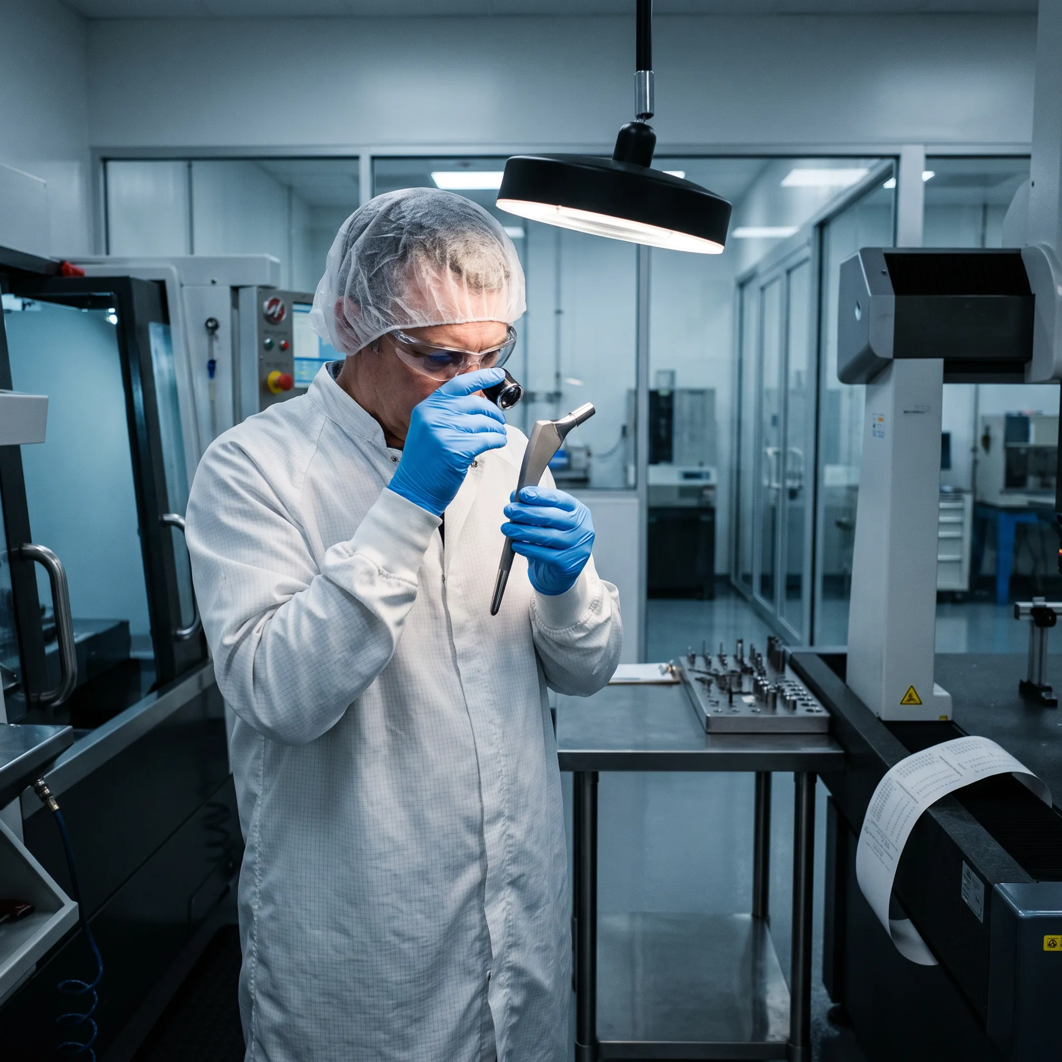 Engineer reviewing a precision-machined femoral hip stem beside manufacturing inspection equipment