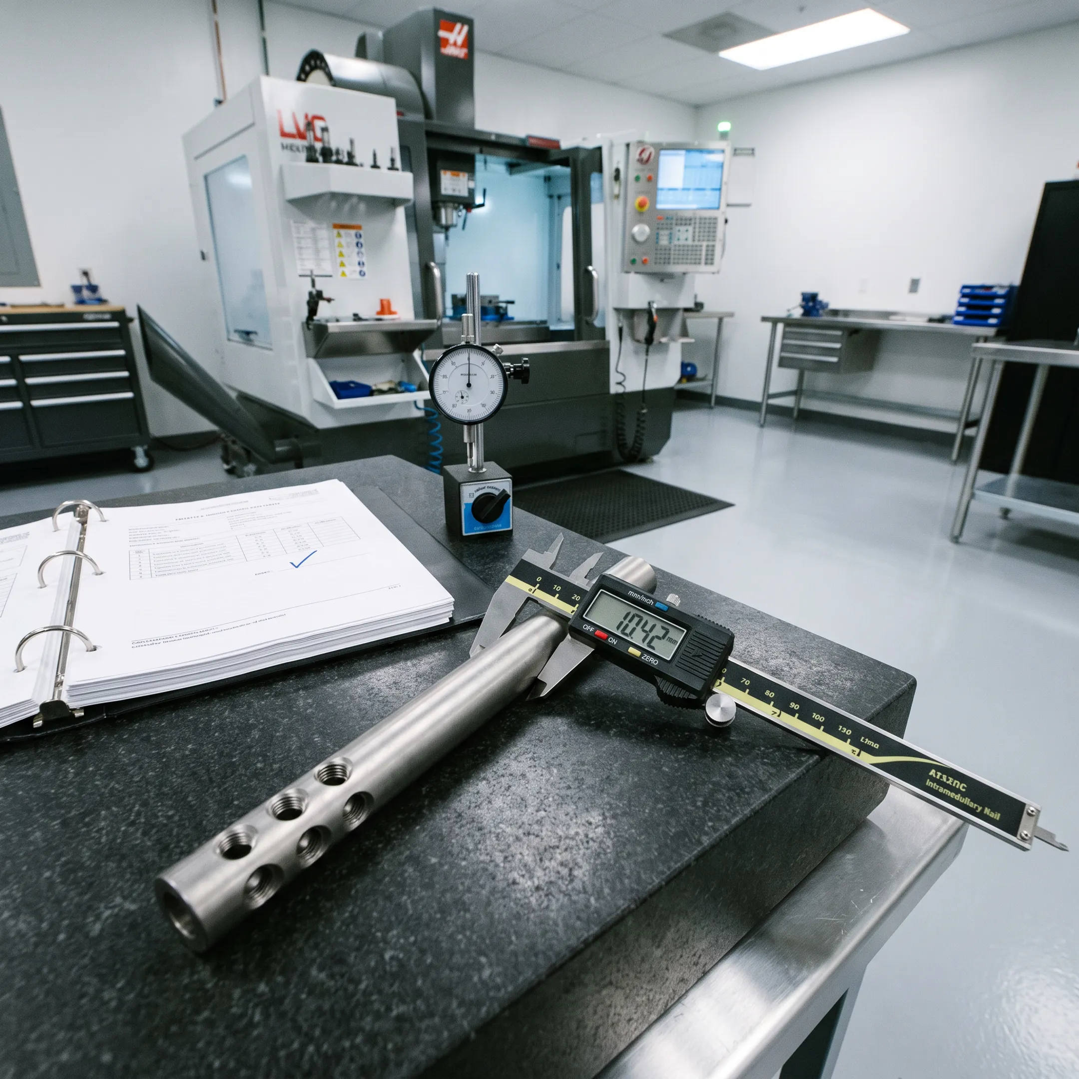 Orthopedic nail component inspected beside precision machining equipment