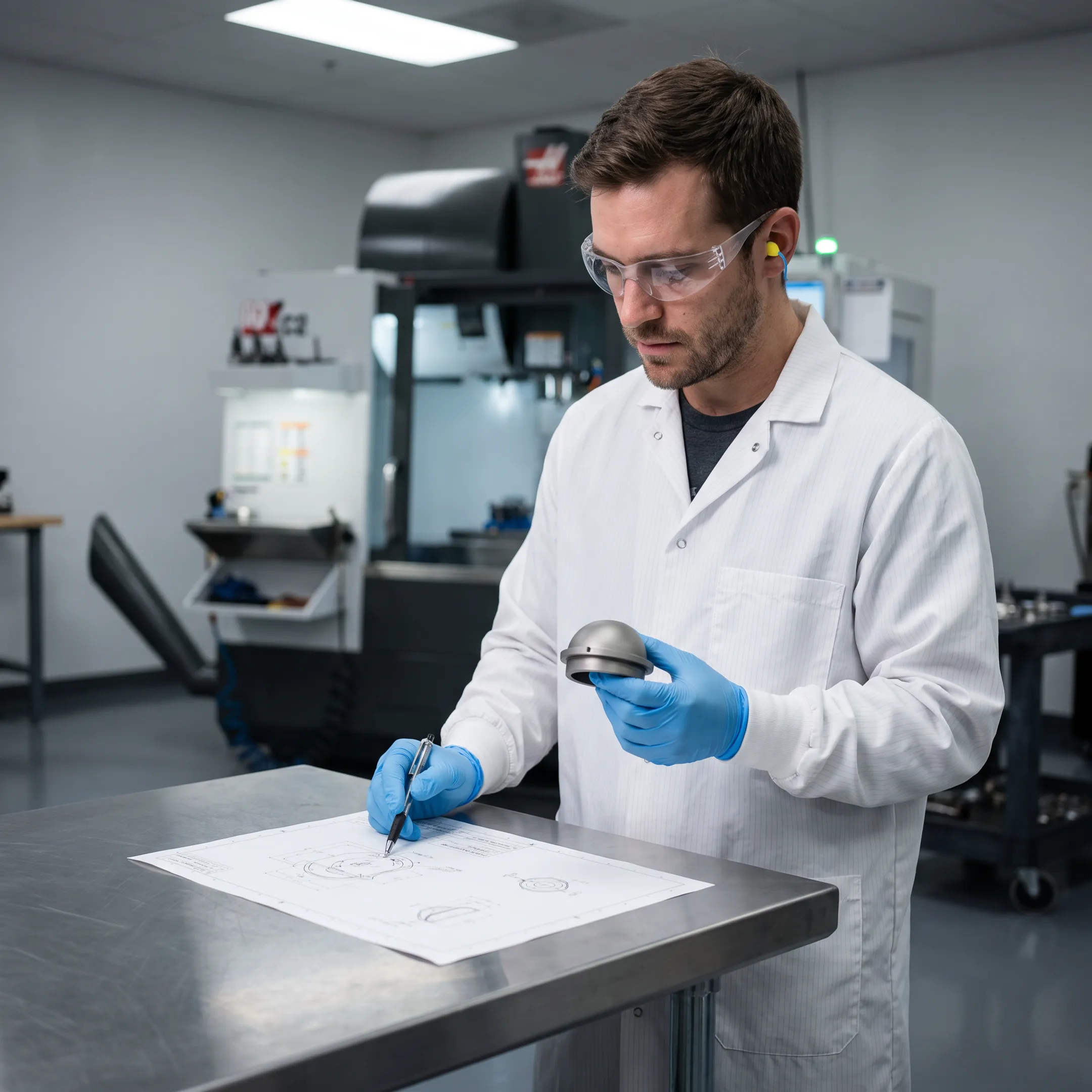Engineer reviewing a custom acetabular component design near precision machining equipment