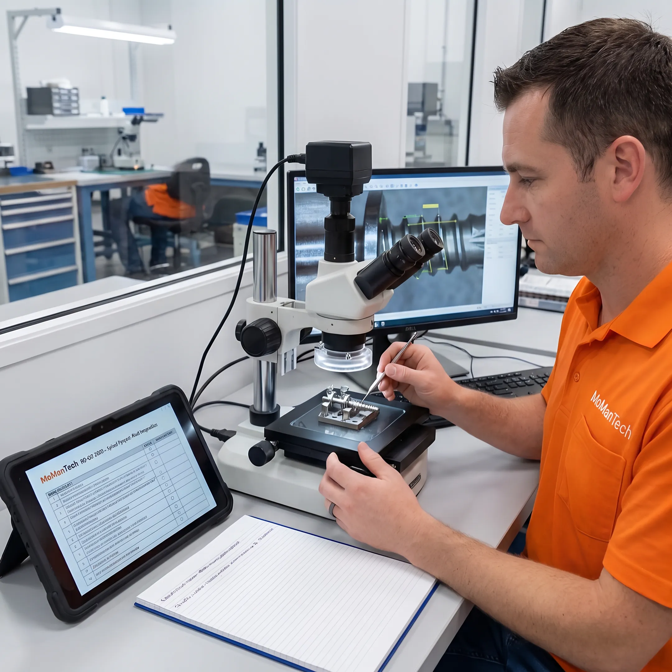 Technician inspecting a precision orthopedic device component