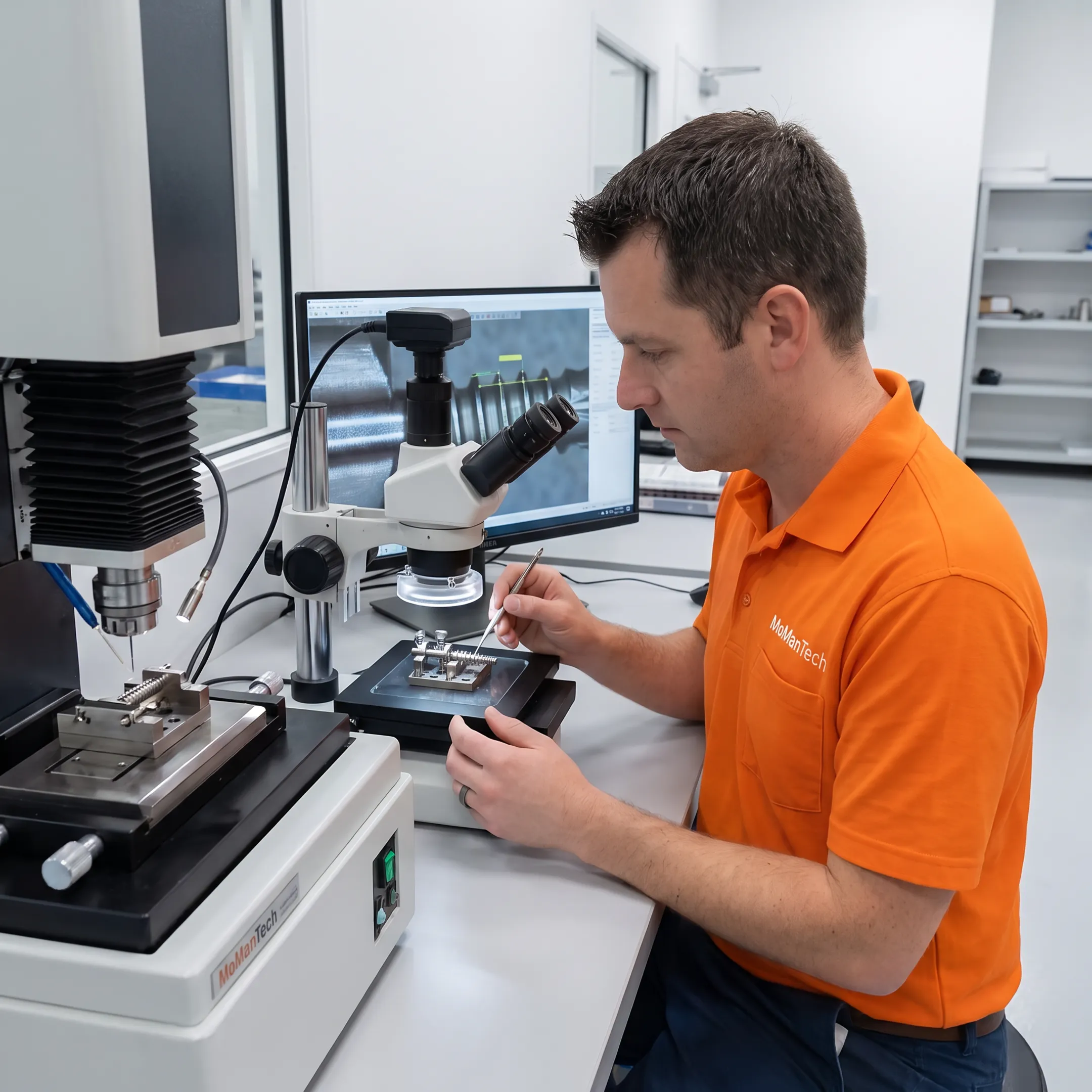 Technician inspecting a wire EDM machined orthopedic component