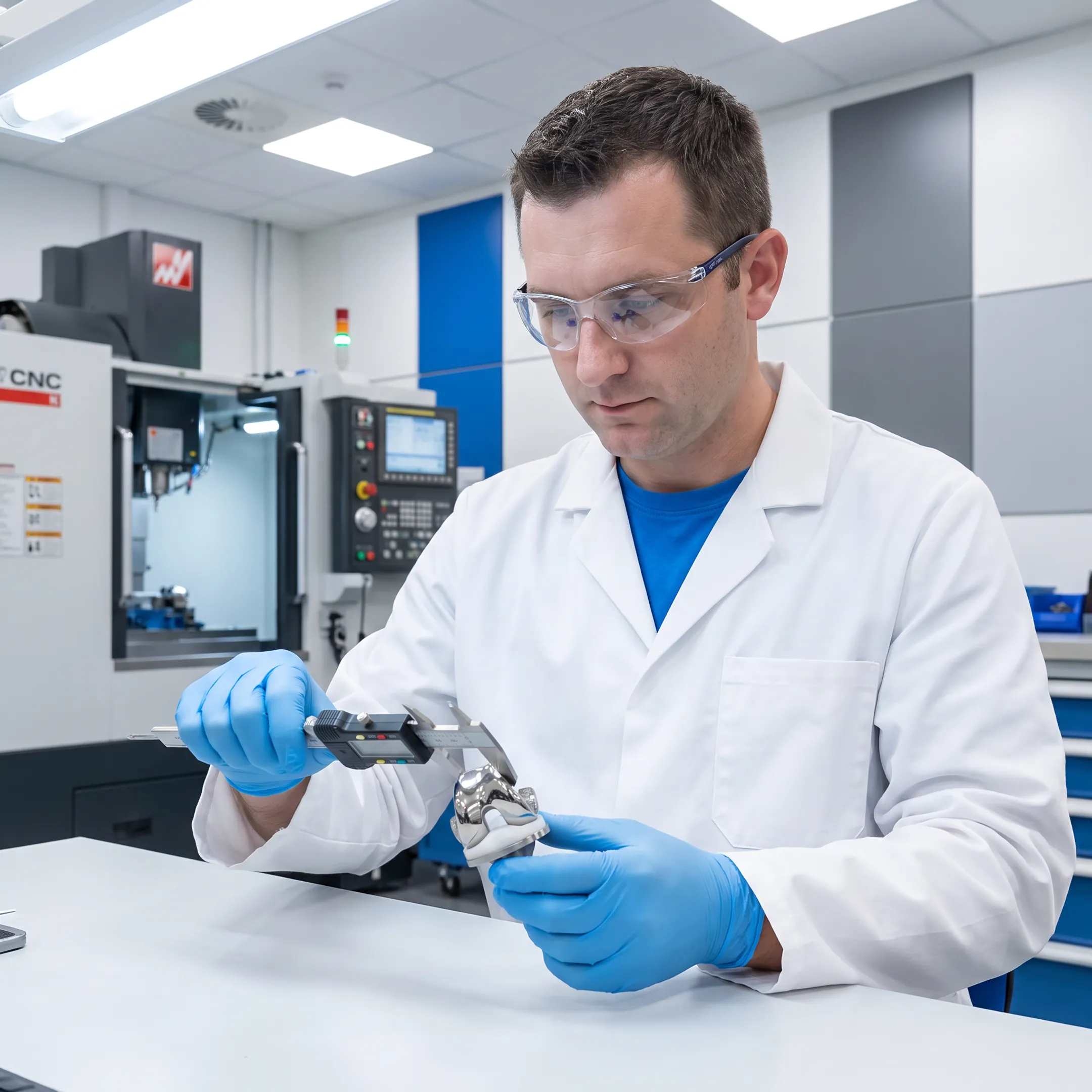 Technician inspecting a precision orthopedic implant component