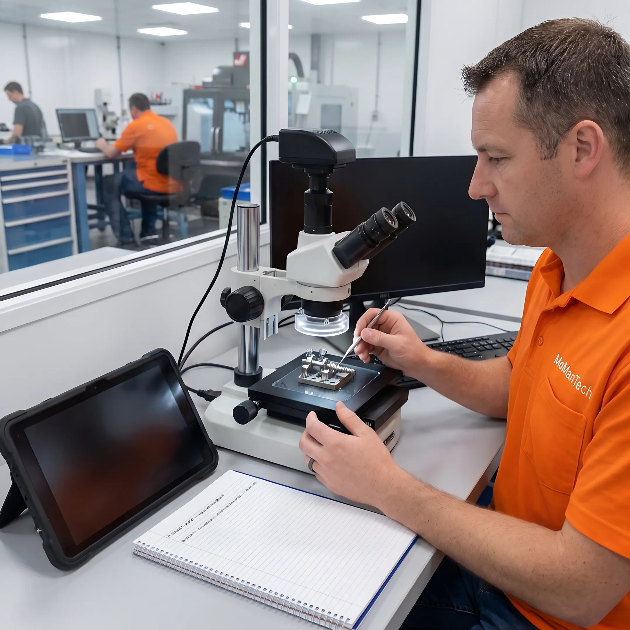Engineer reviewing a precision orthopedic component beside CNC manufacturing equipment
