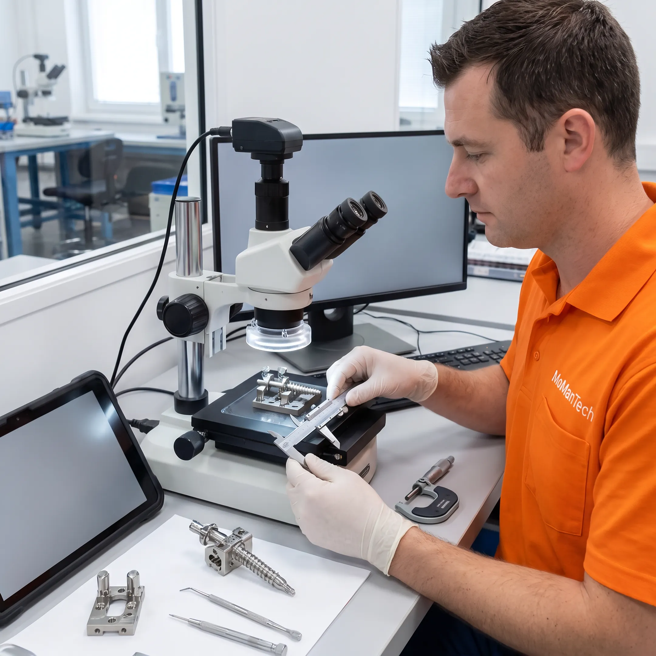 Technician inspecting a precision metal prototype in a manufacturing facility
