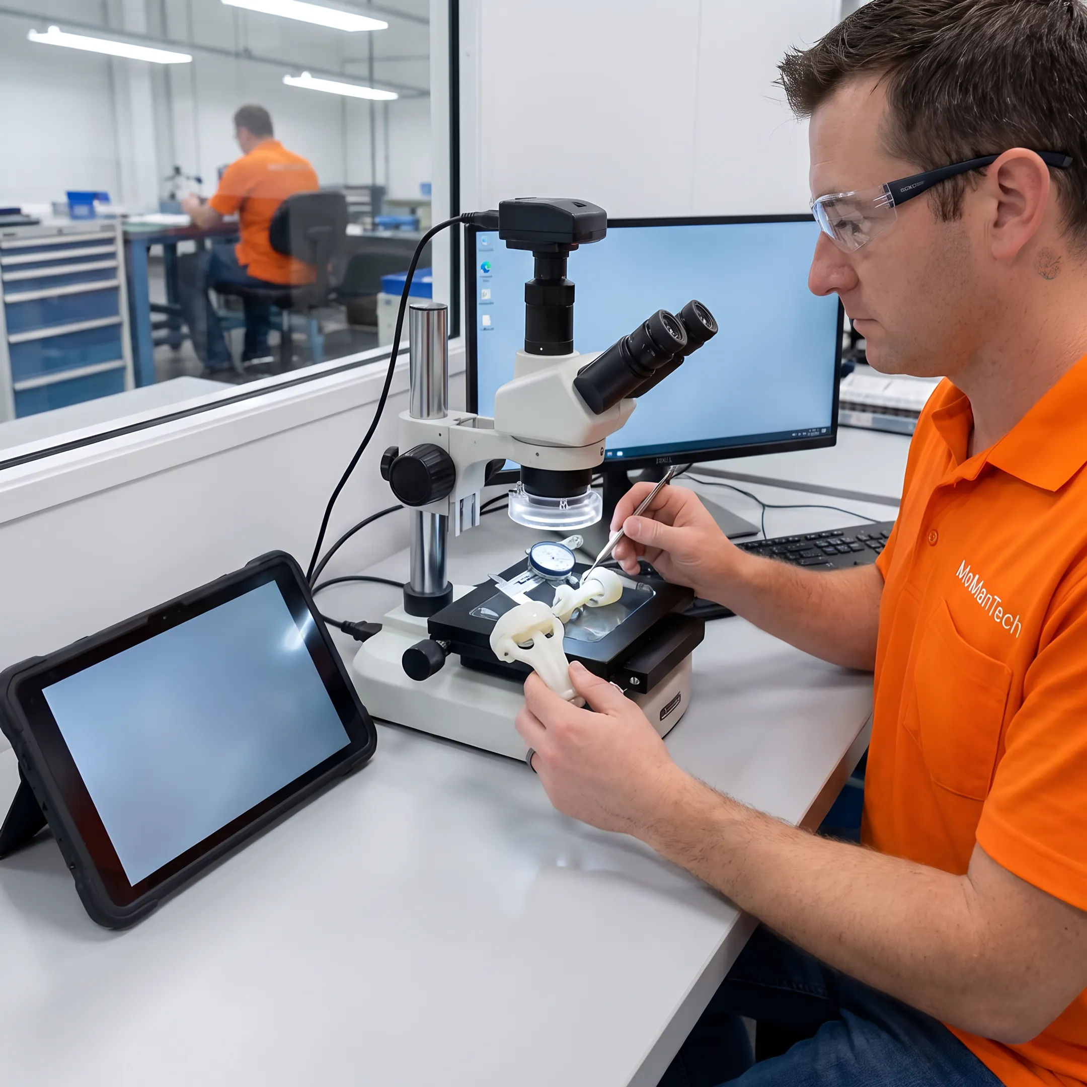 Technician inspecting a precision medical plastic component after CNC machining