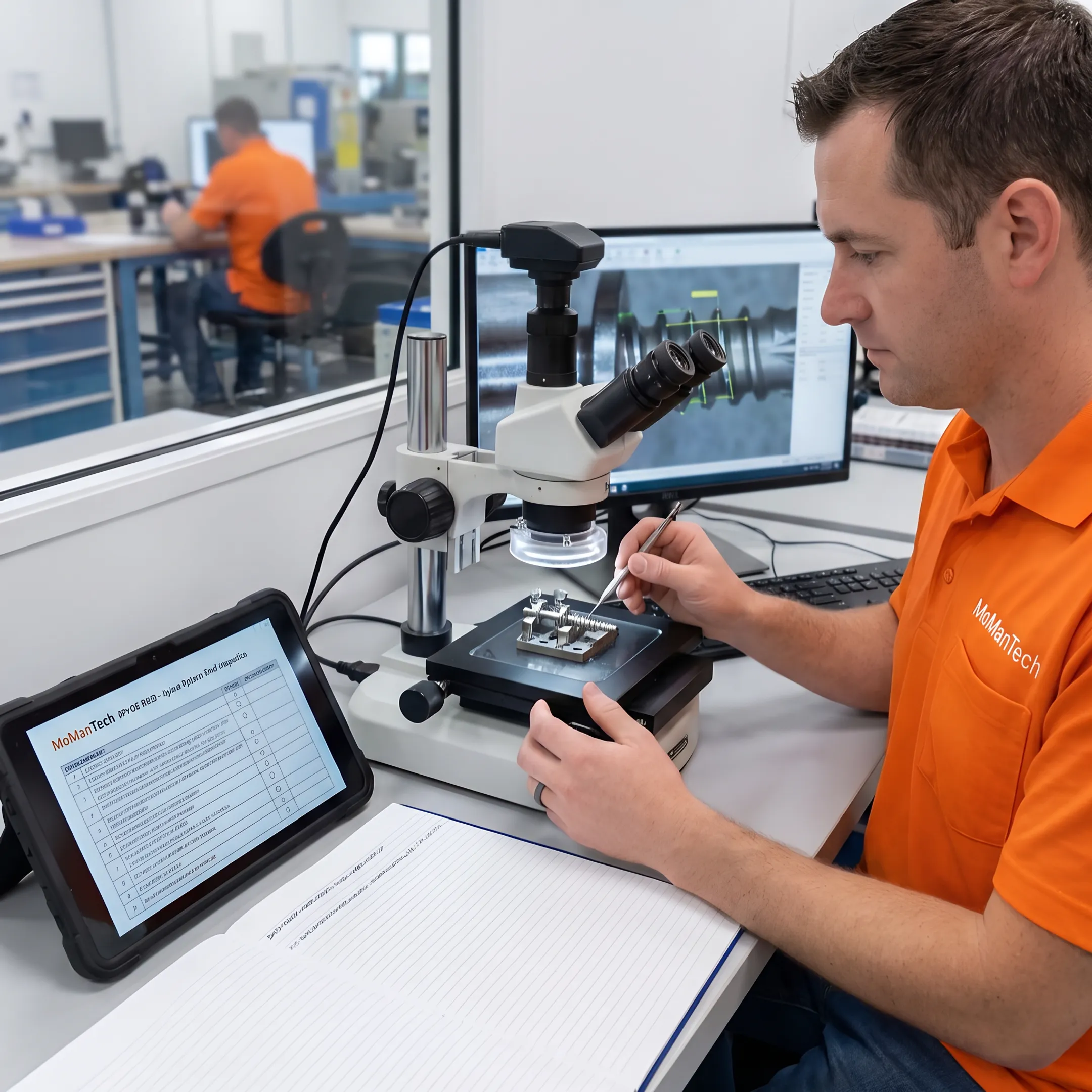 Technician inspecting a precision stainless steel machined component