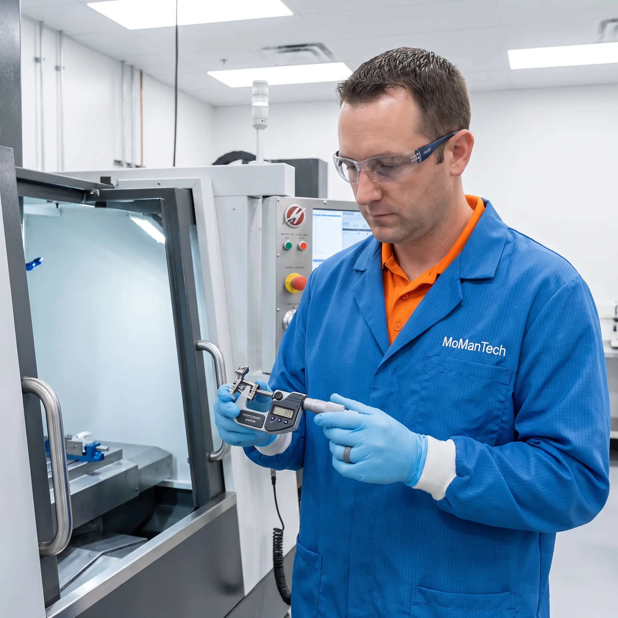 Technician measuring a precision machined orthopedic component