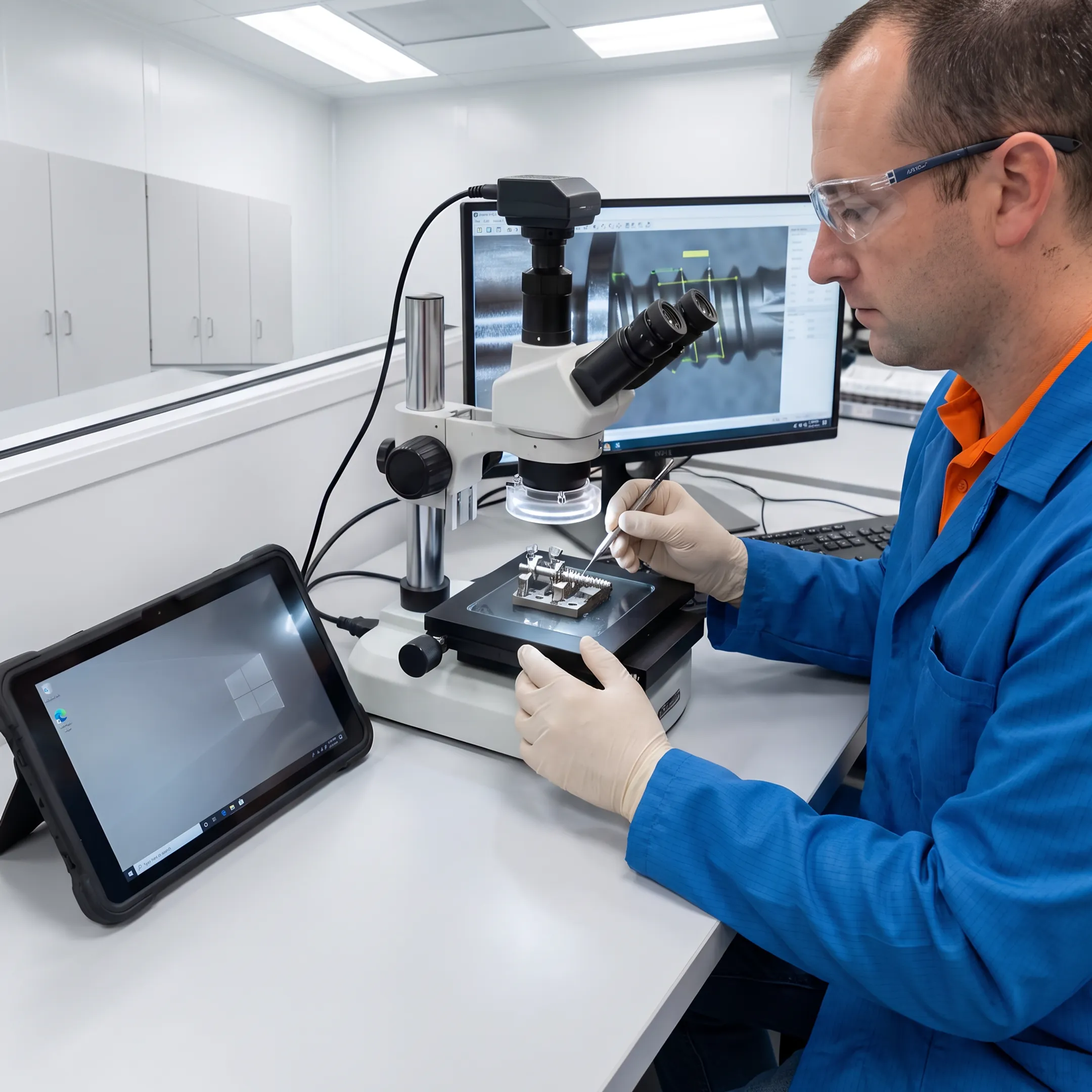 Technician inspecting a precision-machined orthopedic component