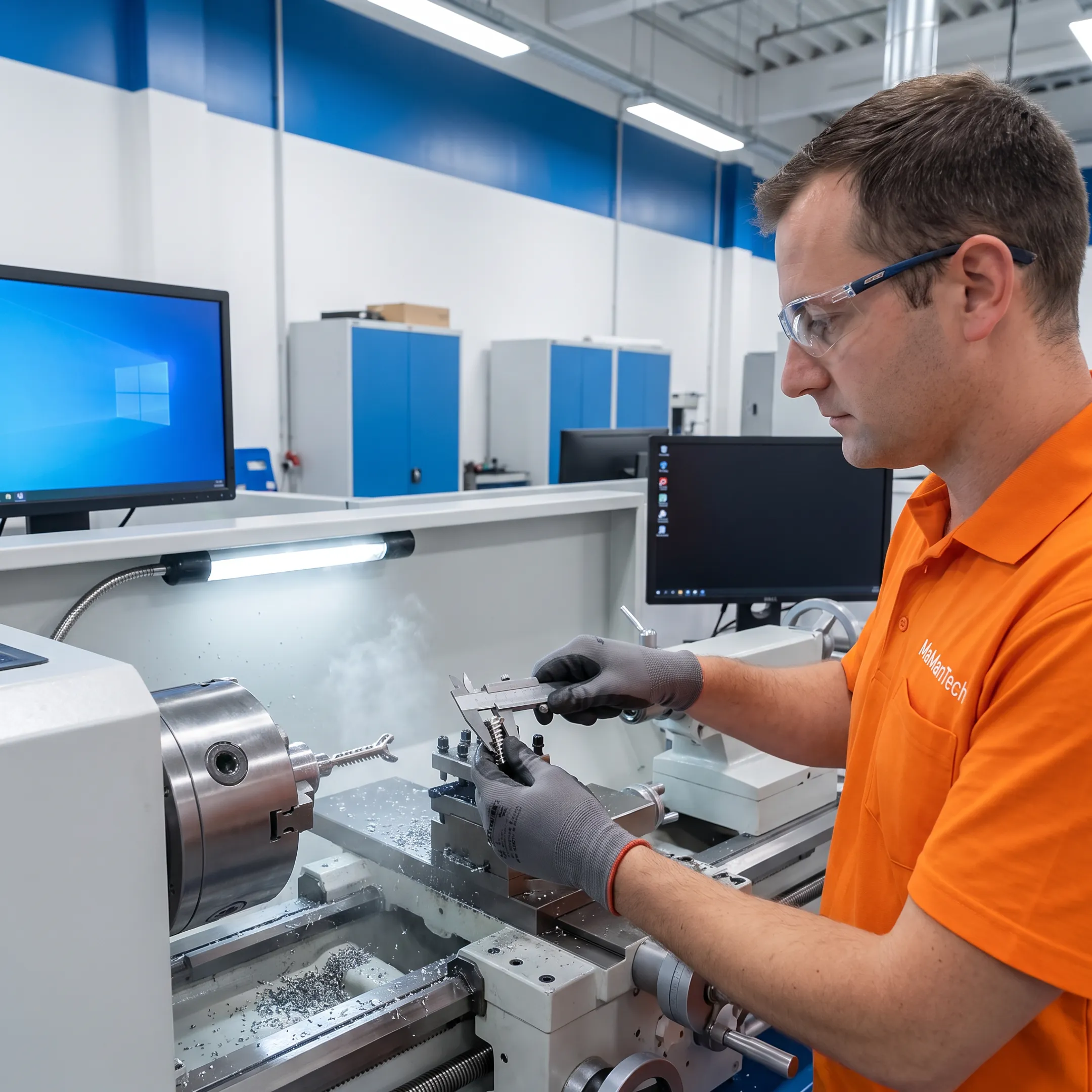 CNC machinist inspecting a precision medical device component beside advanced machining equipment