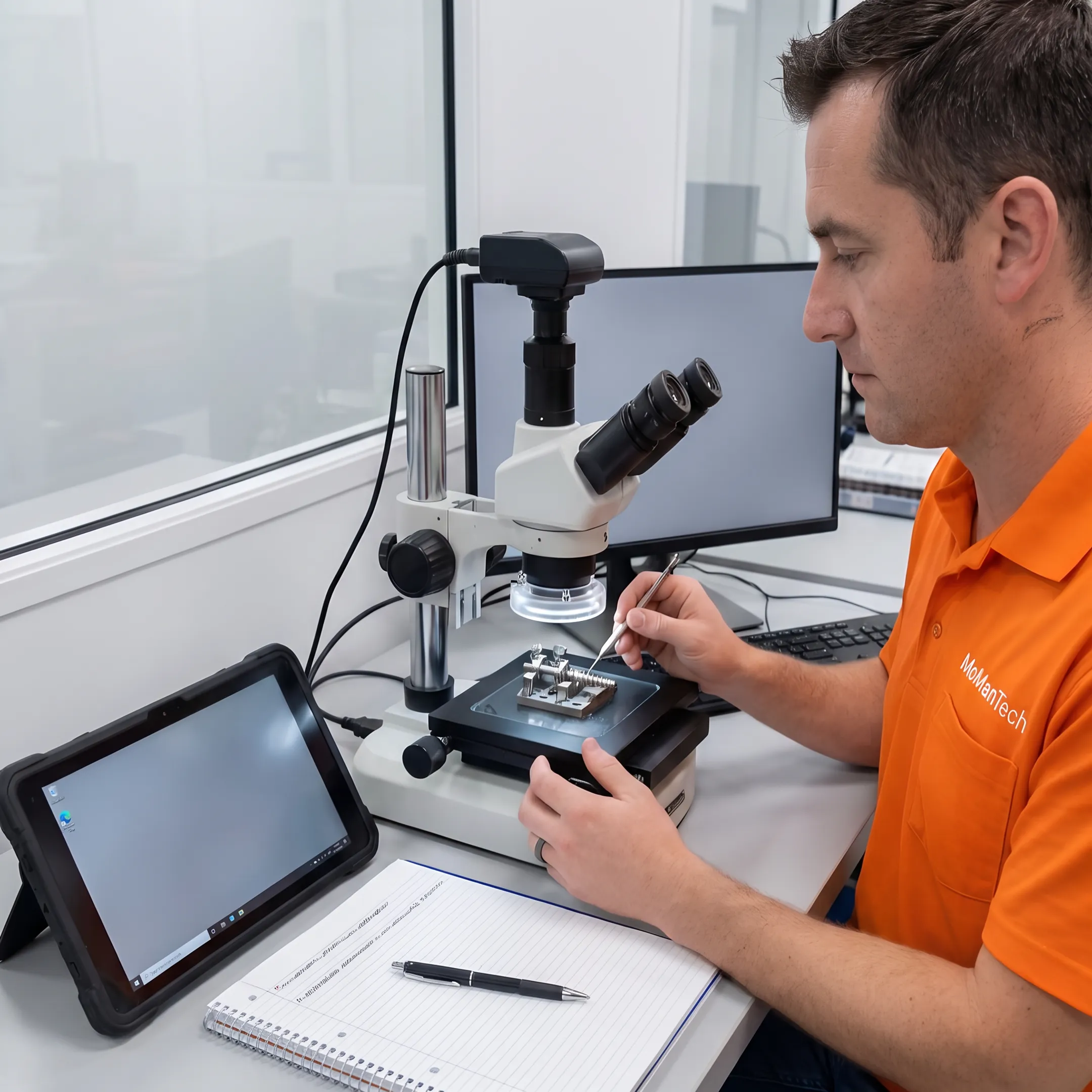 Technician inspecting a precision orthopedic implant component
