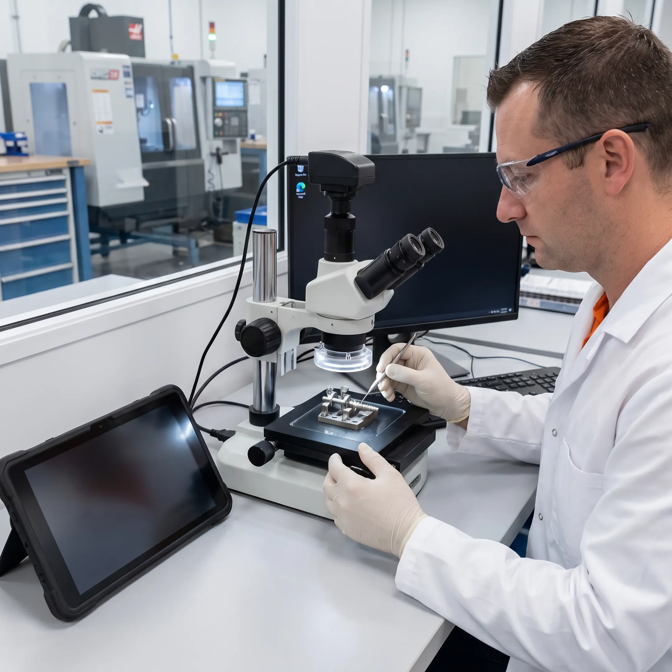 Technician inspecting a precision orthopedic component beside CNC machining equipment