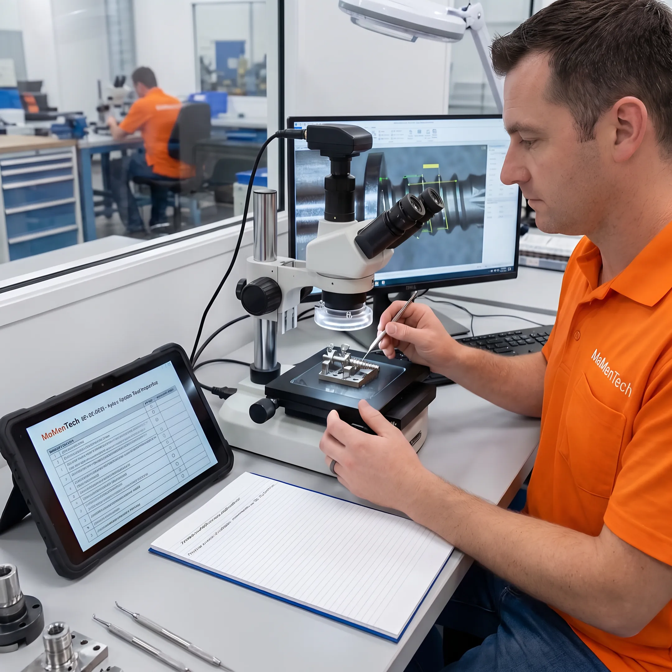 Technician inspecting precision orthopedic device components beside CNC equipment