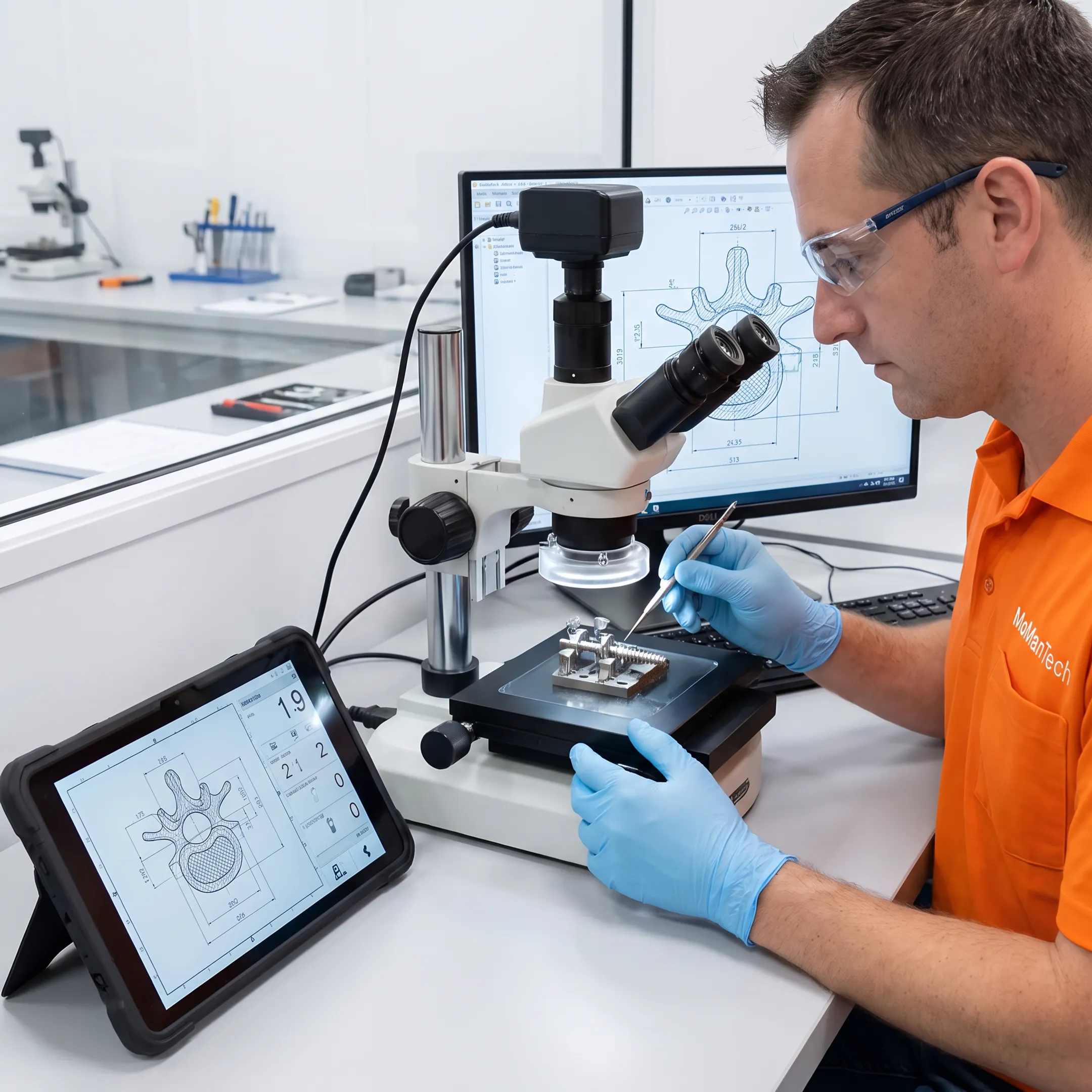 Technician reviewing a 3D printed spinal implant prototype