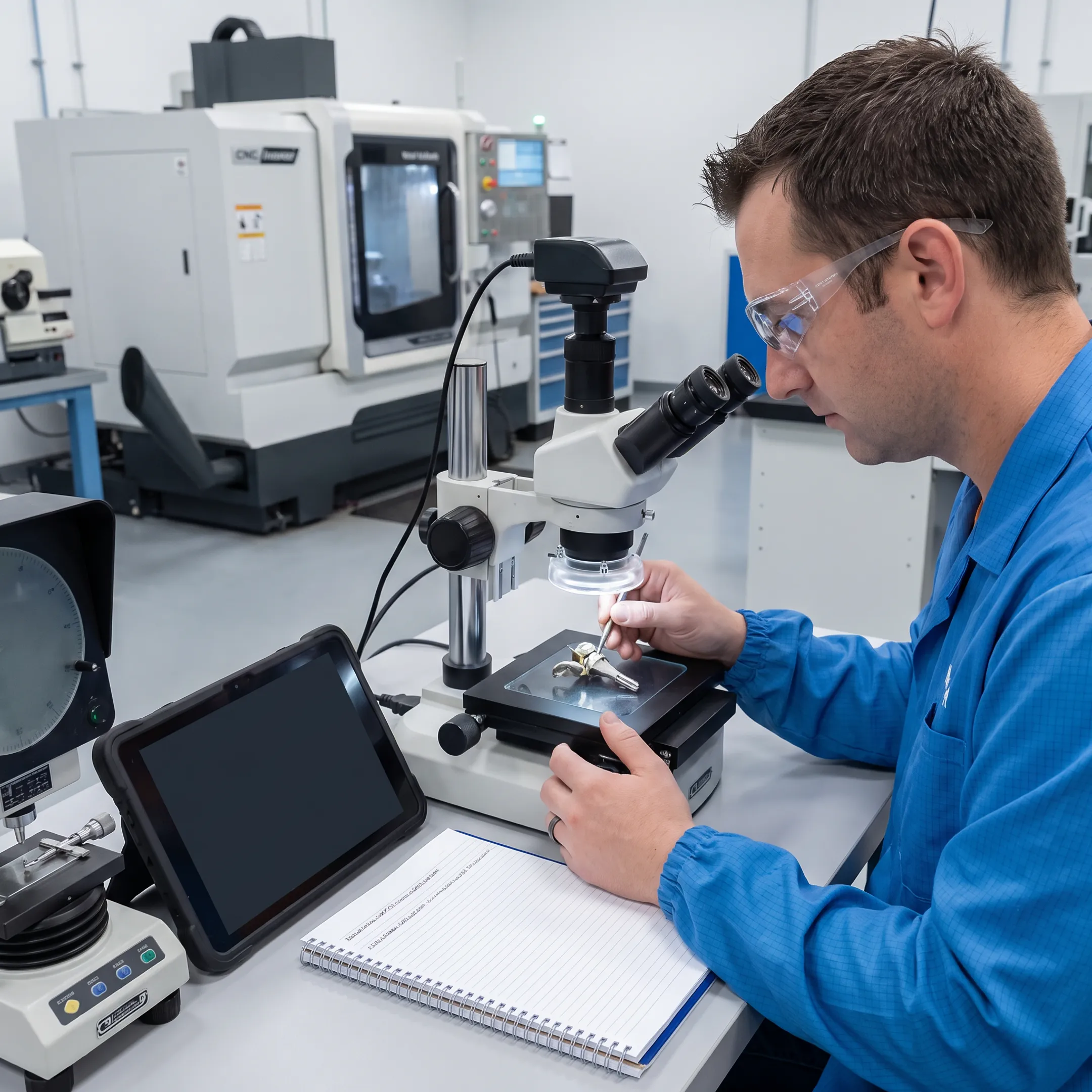Technician inspecting a precision-machined orthopedic component