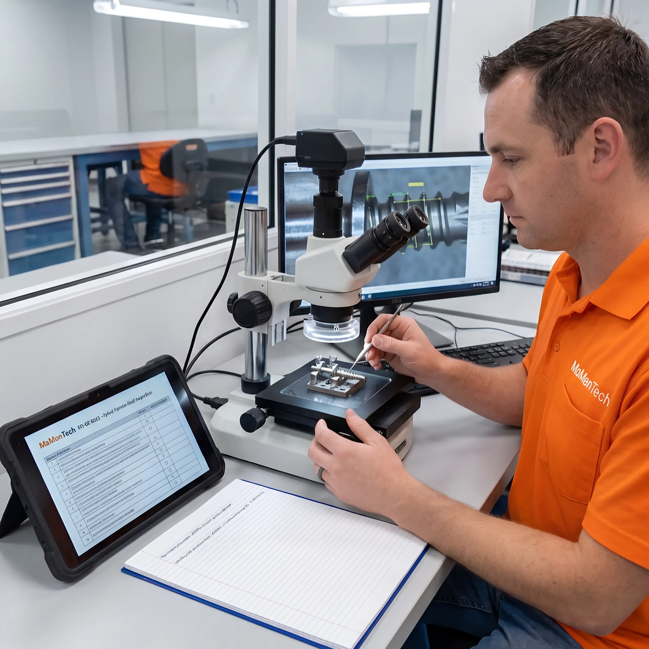 Technician inspecting a precision orthopedic device component after machining