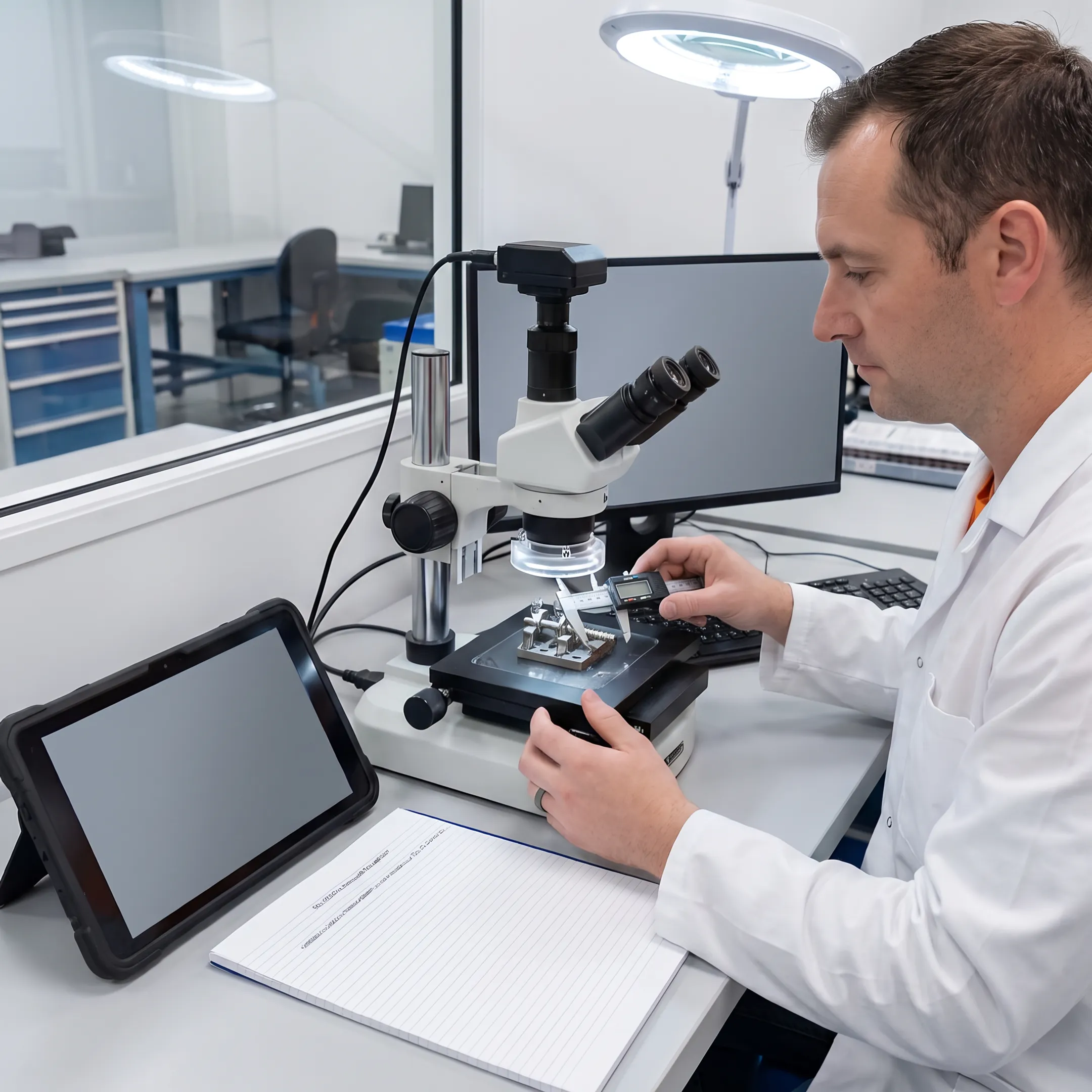 Technician inspecting an orthopedic medical device component